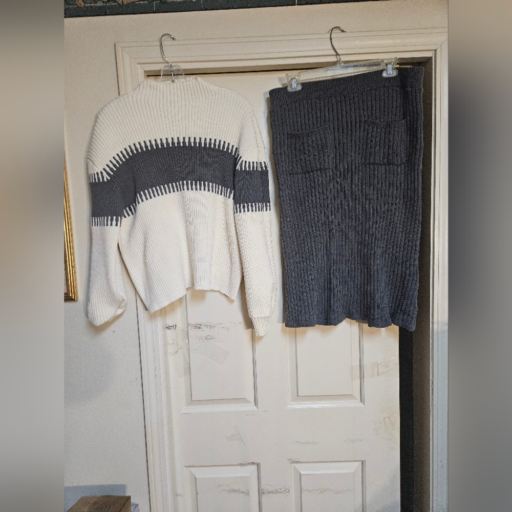 White and Dark Knitted Striped Sweater and Skirt Set